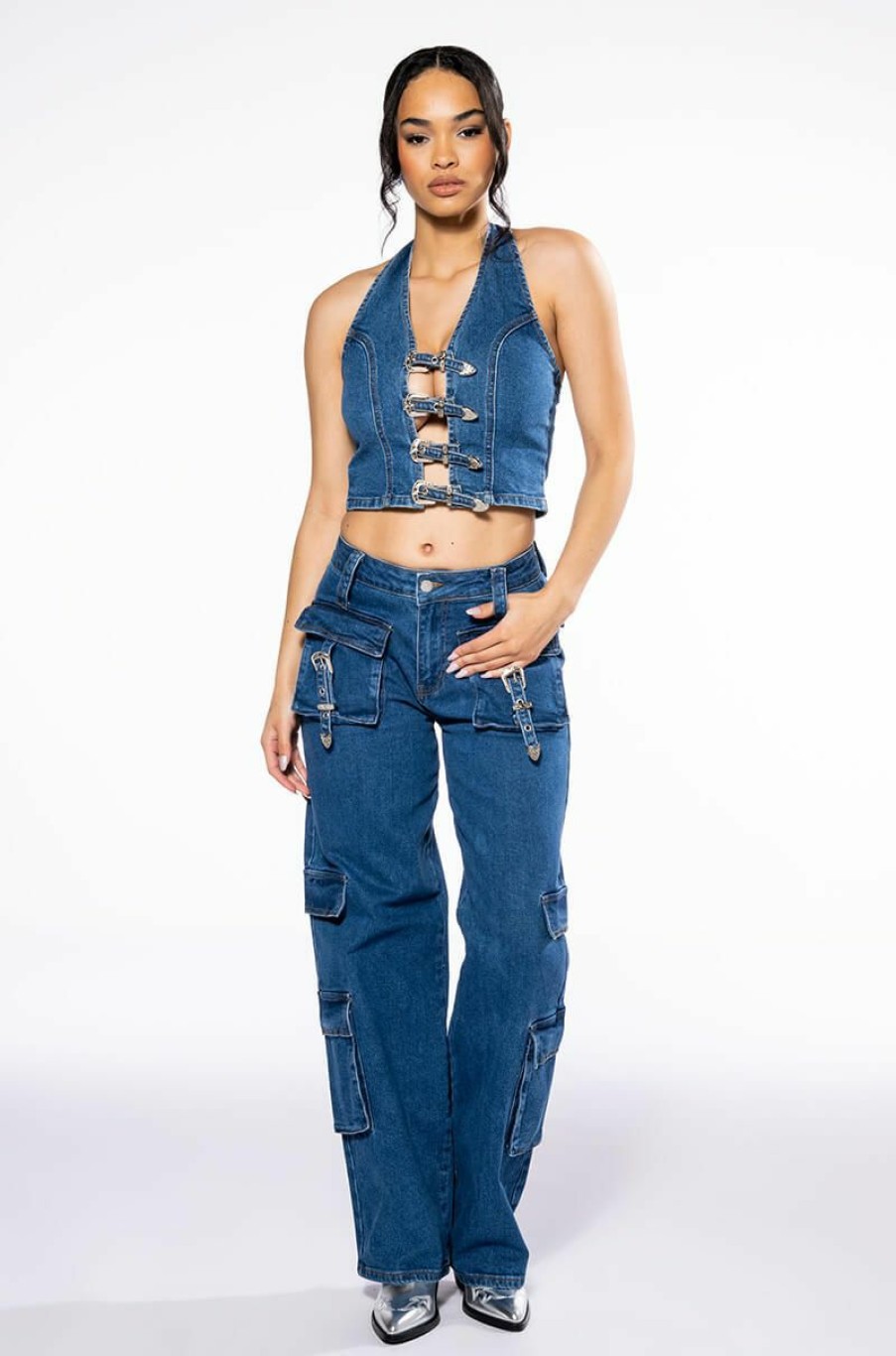 Bottoms * | Calypso Mid Rise Wide Leg Jeans Dark Blue