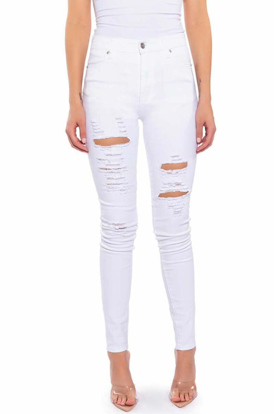 Bottoms * | Follow My Lead Destroyed High Rise Skinny Jeans White