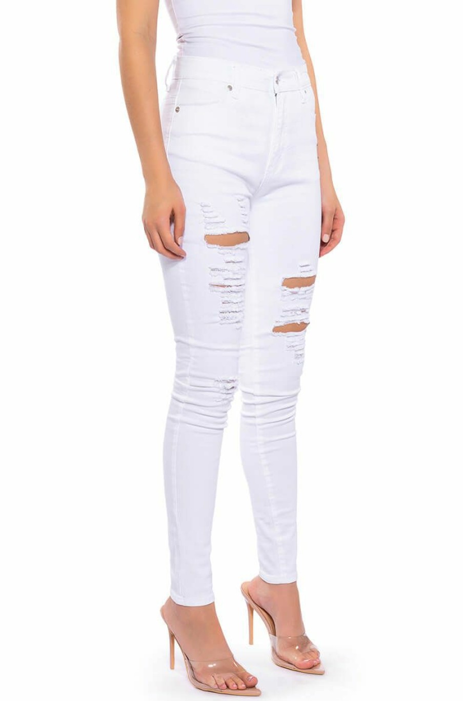 Bottoms * | Follow My Lead Destroyed High Rise Skinny Jeans White