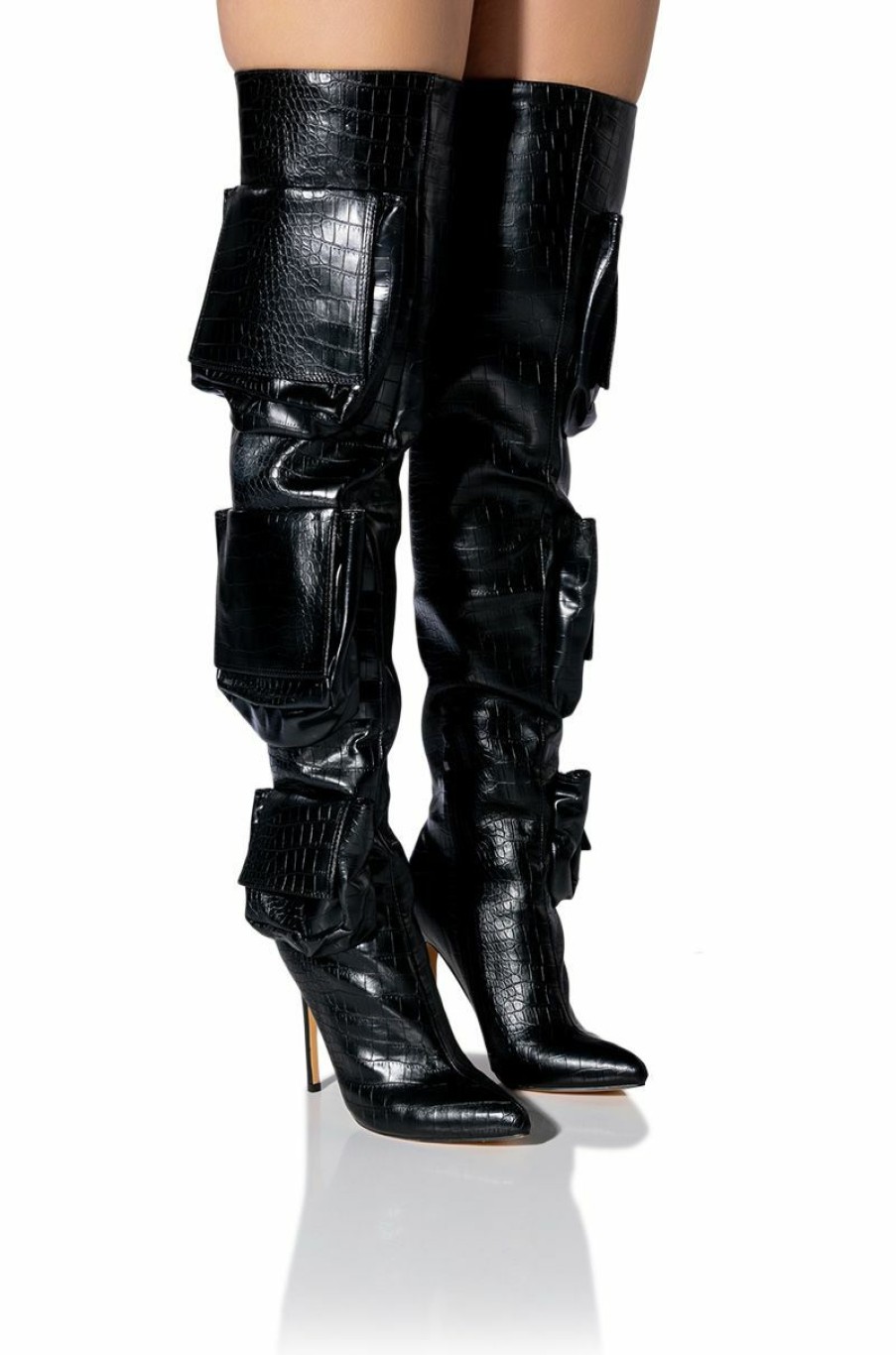 Shoes * | Level Up Over The Knee Croc Stiletto Cargo Boot In Black