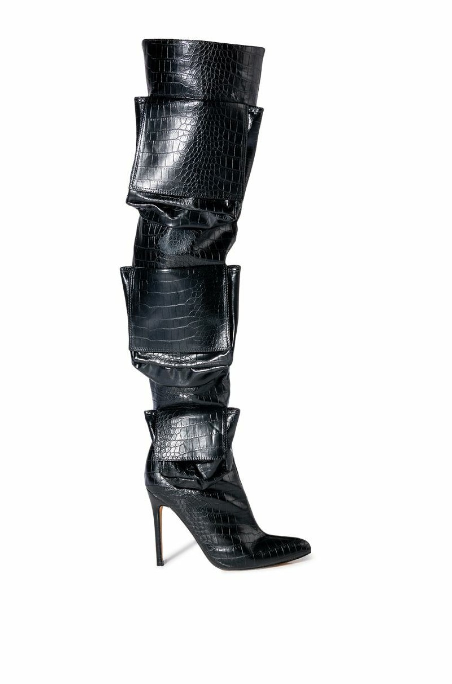 Shoes * | Level Up Over The Knee Croc Stiletto Cargo Boot In Black