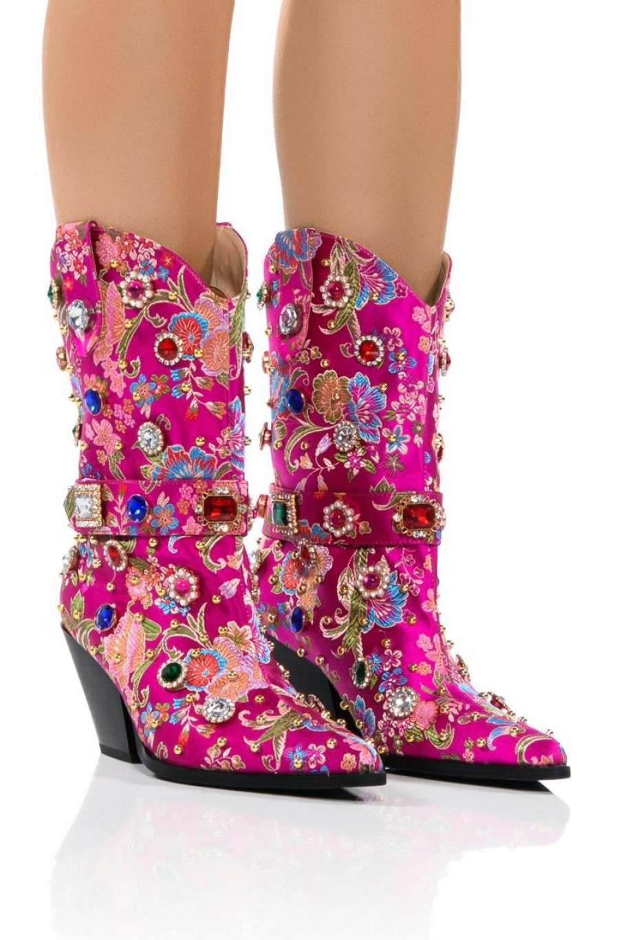 Shoes * | Azalea Wang Diligent Gem Embellished Brocade Western Bootie In Pink