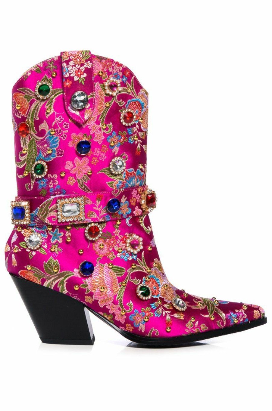 Shoes * | Azalea Wang Diligent Gem Embellished Brocade Western Bootie In Pink