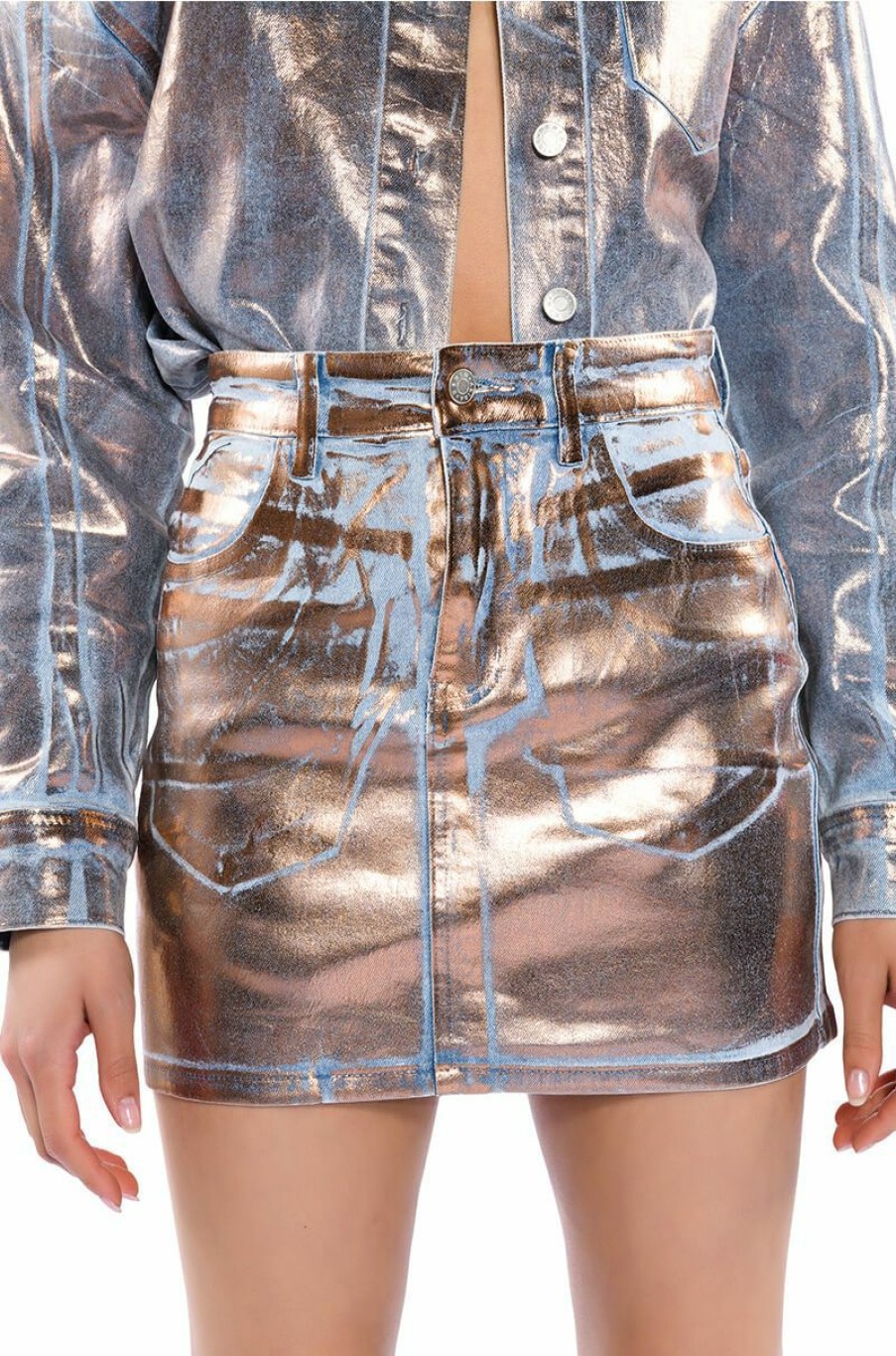 Bottoms * | Teleport Foil Effect Skirt Denim