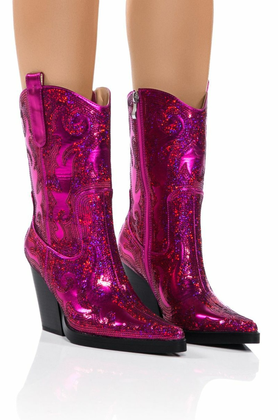 Shoes * | Azalea Wang Merril Sequin Western Bootie In Fuchsia