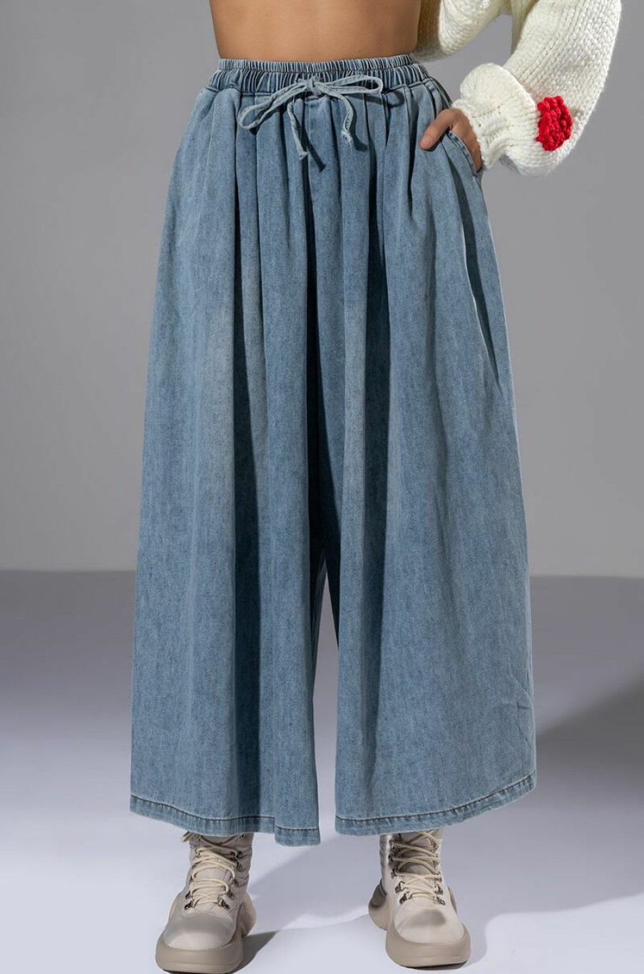 Bottoms * | Cece Pull On Super Wide Denim Pant Light Blue Denim