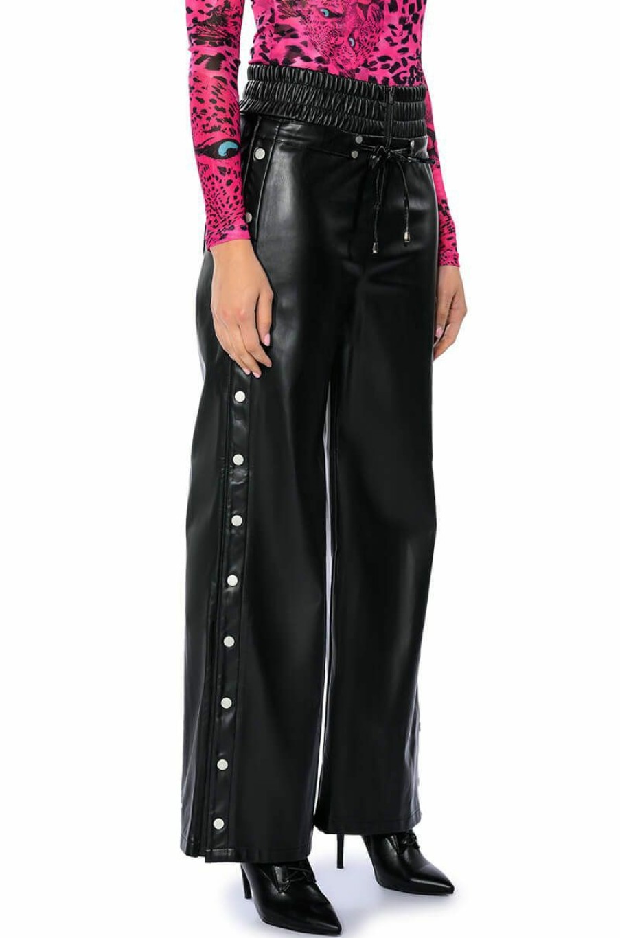 Bottoms * | Blessed Mess Side Snap Faux Leather Pants Black