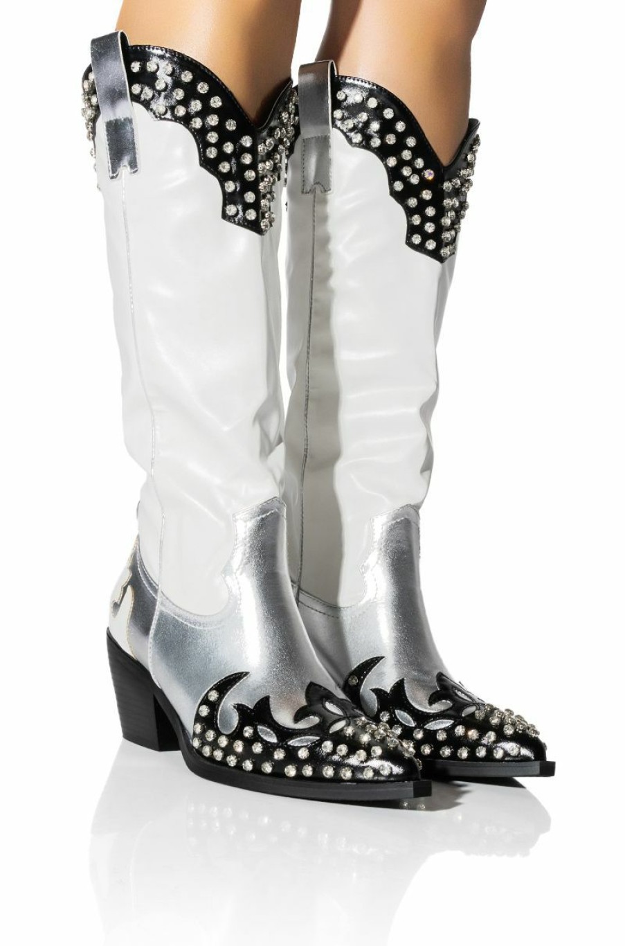 Shoes * | Azalea Wang Knox Rhinestone Embellished Western Boot In White Black