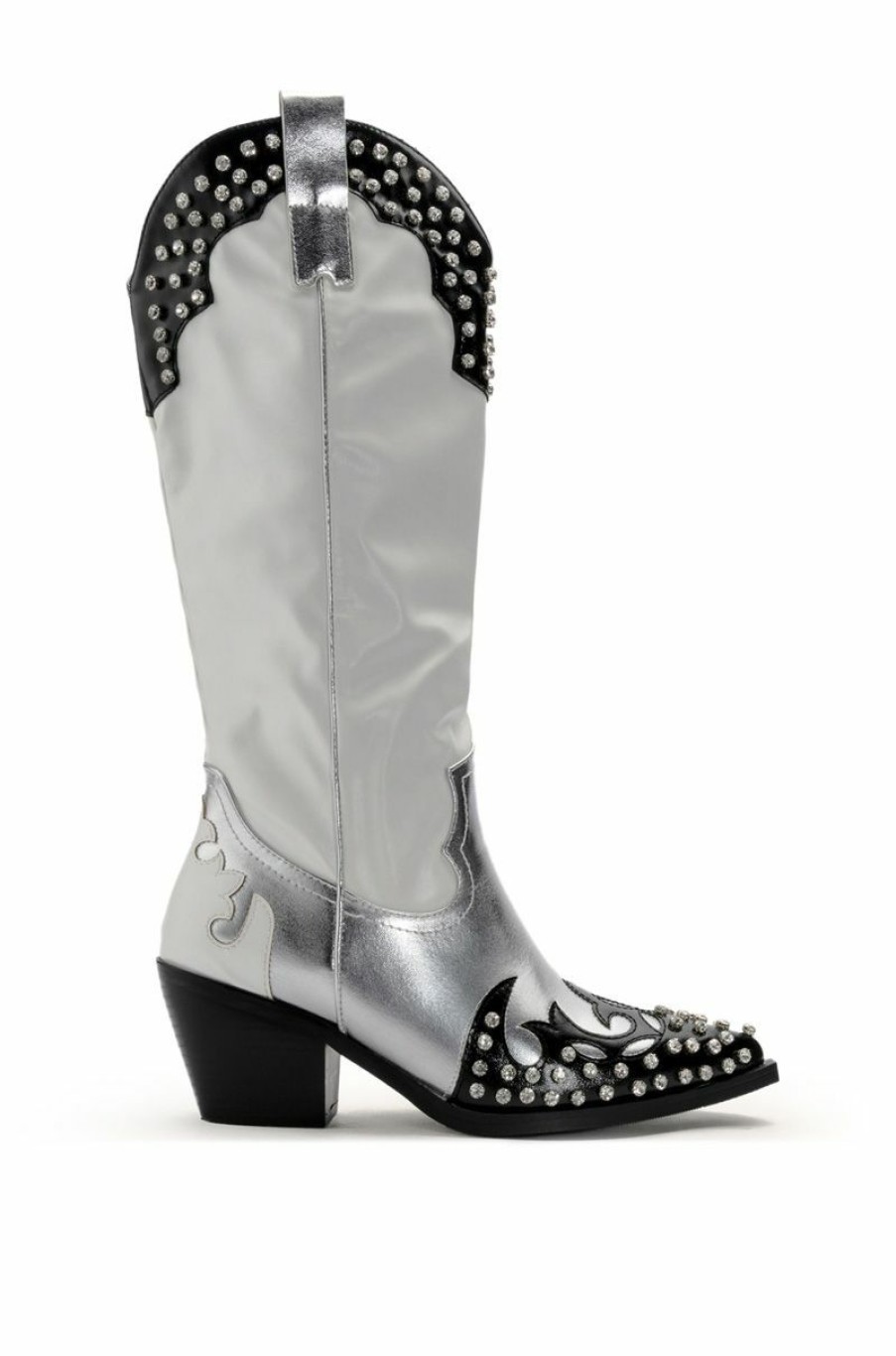 Shoes * | Azalea Wang Knox Rhinestone Embellished Western Boot In White Black