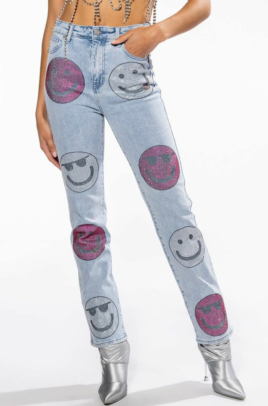 Bottoms * | Smiley Faces Rhinestone High Rise Straight Leg Jeans Light Blue Denim