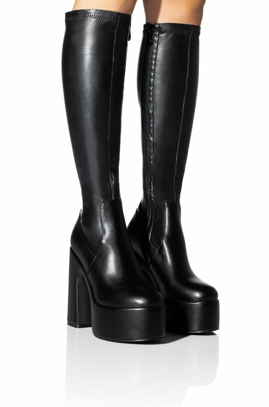 Shoes * | Azalea Wang Sutton Pu Chunky Boot With 4 Way Stretch In Black