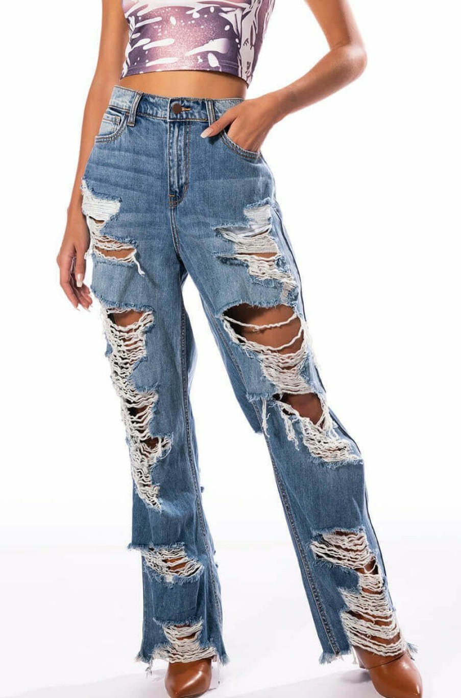 Bottoms * | Ella Bella High Rise Wide Leg Distressed Jeans Light Blue Denim