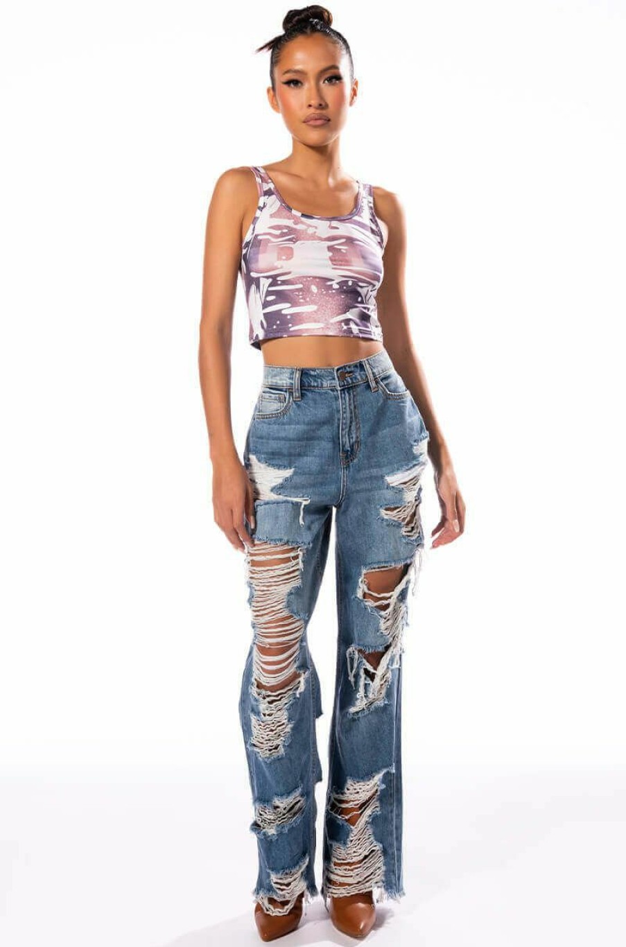 Bottoms * | Ella Bella High Rise Wide Leg Distressed Jeans Light Blue Denim