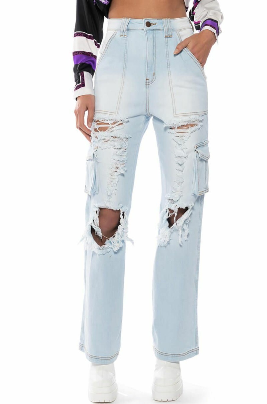 Bottoms * | Be Real Distressed Cargo High Rise Jeans Light Blue Denim