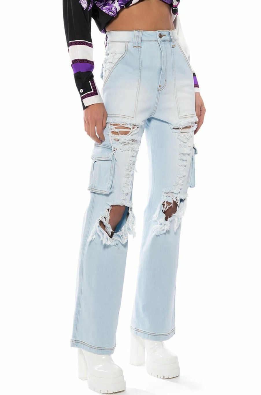 Bottoms * | Be Real Distressed Cargo High Rise Jeans Light Blue Denim