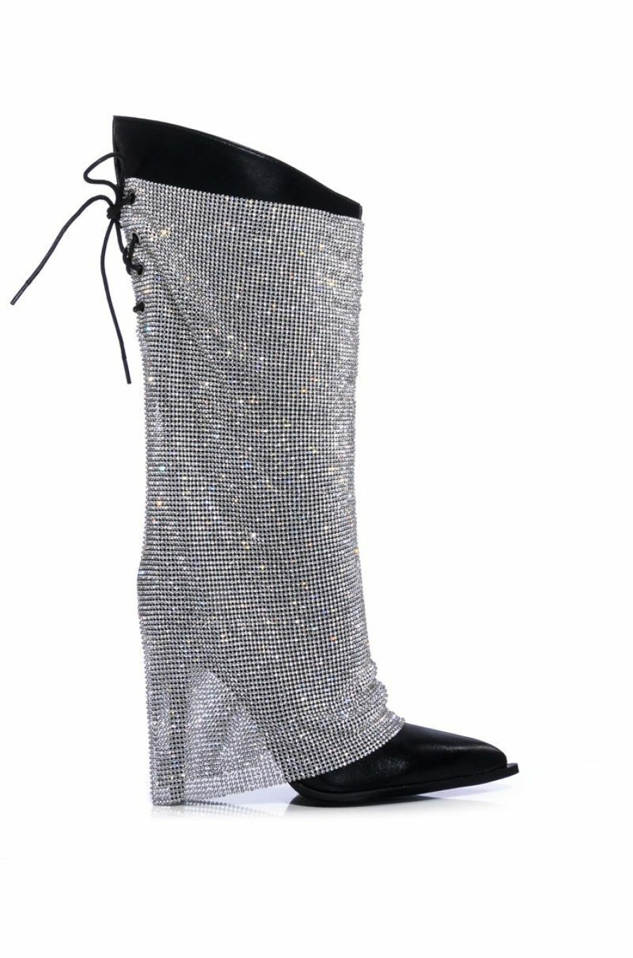 Shoes * | Azalea Wang Lace Me Up Rhinestone Mesh Overlay Stiletto Boot In Black