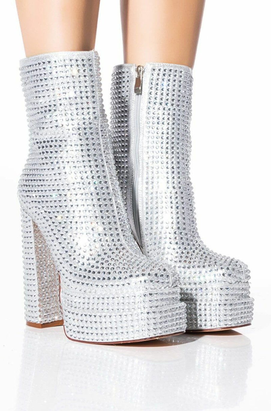 Shoes * | Azalea Wang Star Power Embellished Chunky Platform Bootie In Silver