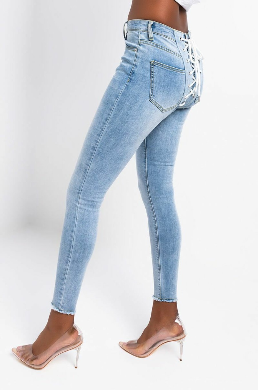 Bottoms * | All Over Lace Up Back Skinny Jeans