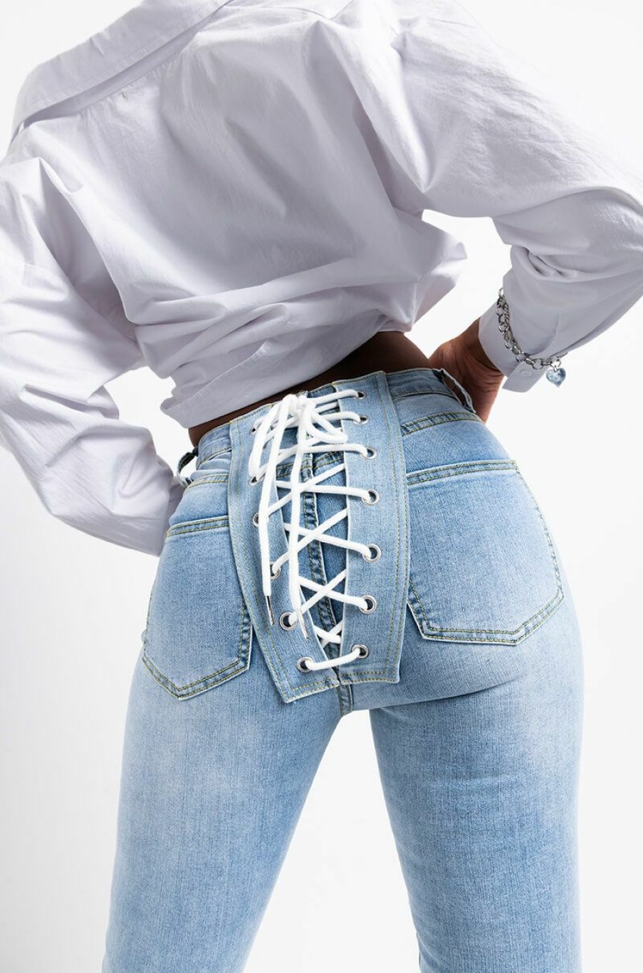 Bottoms * | All Over Lace Up Back Skinny Jeans